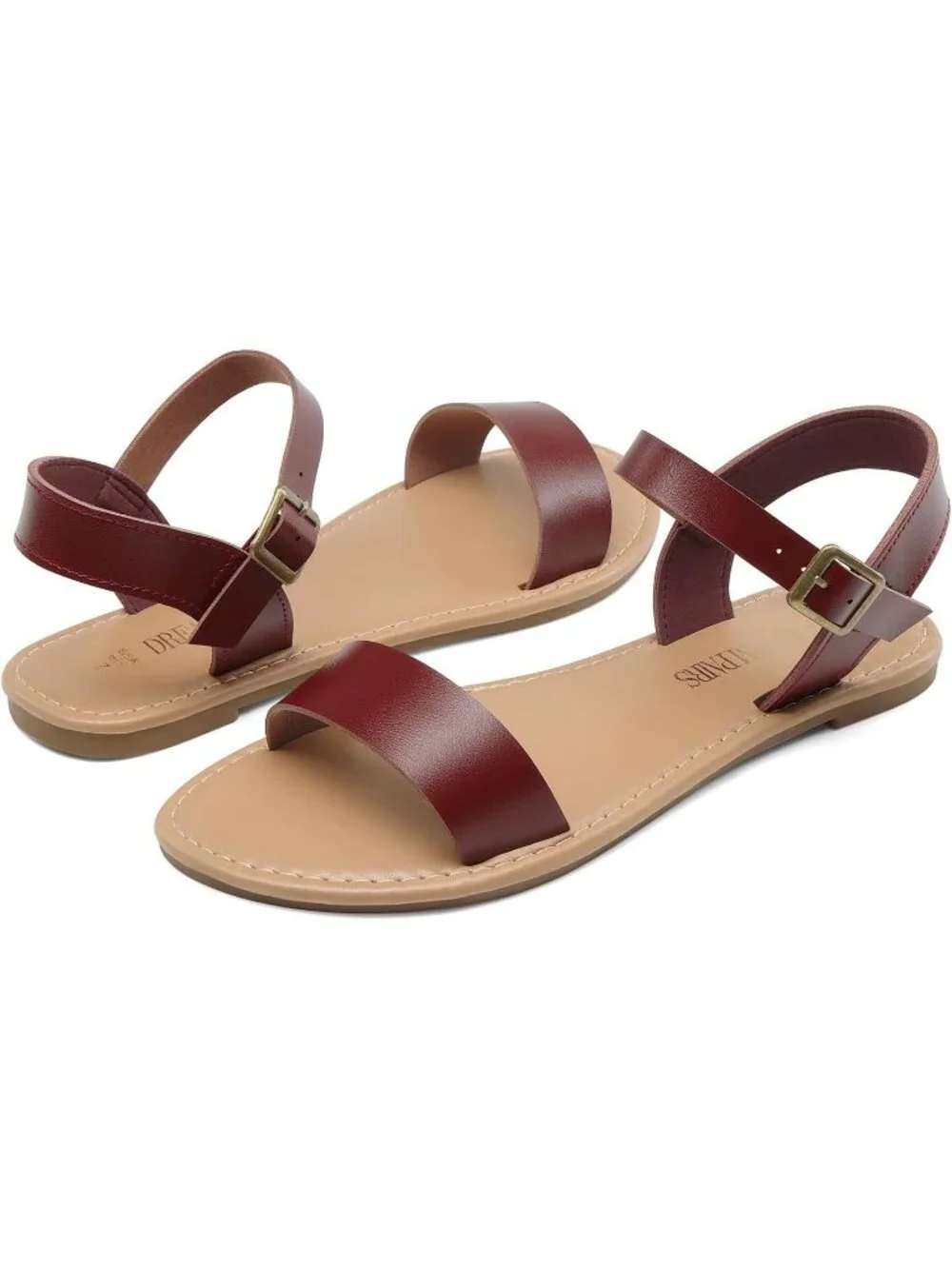 Women's Brown Pu Ankle Strap Flat Sandal Open Toe One Band Buckle Summer Sandals